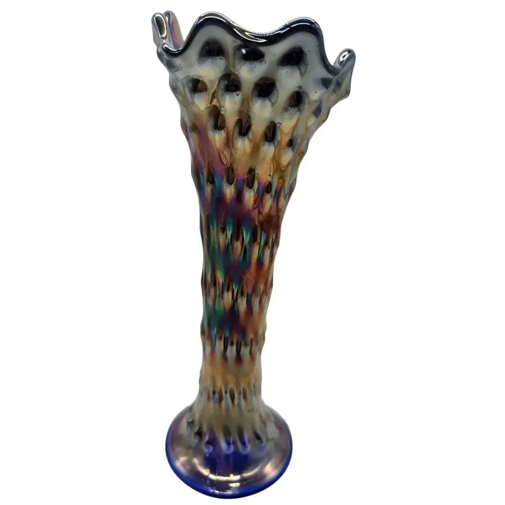 FENTON BLUE RUSTIC HOBNAIL CARNIVAL GLASS VASE 10